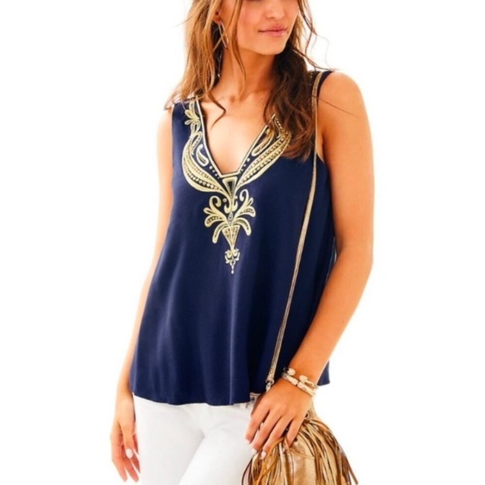 Lilly Pulitzer Owen Blue & gold embroidered beaded tank top Size XS Resort wear